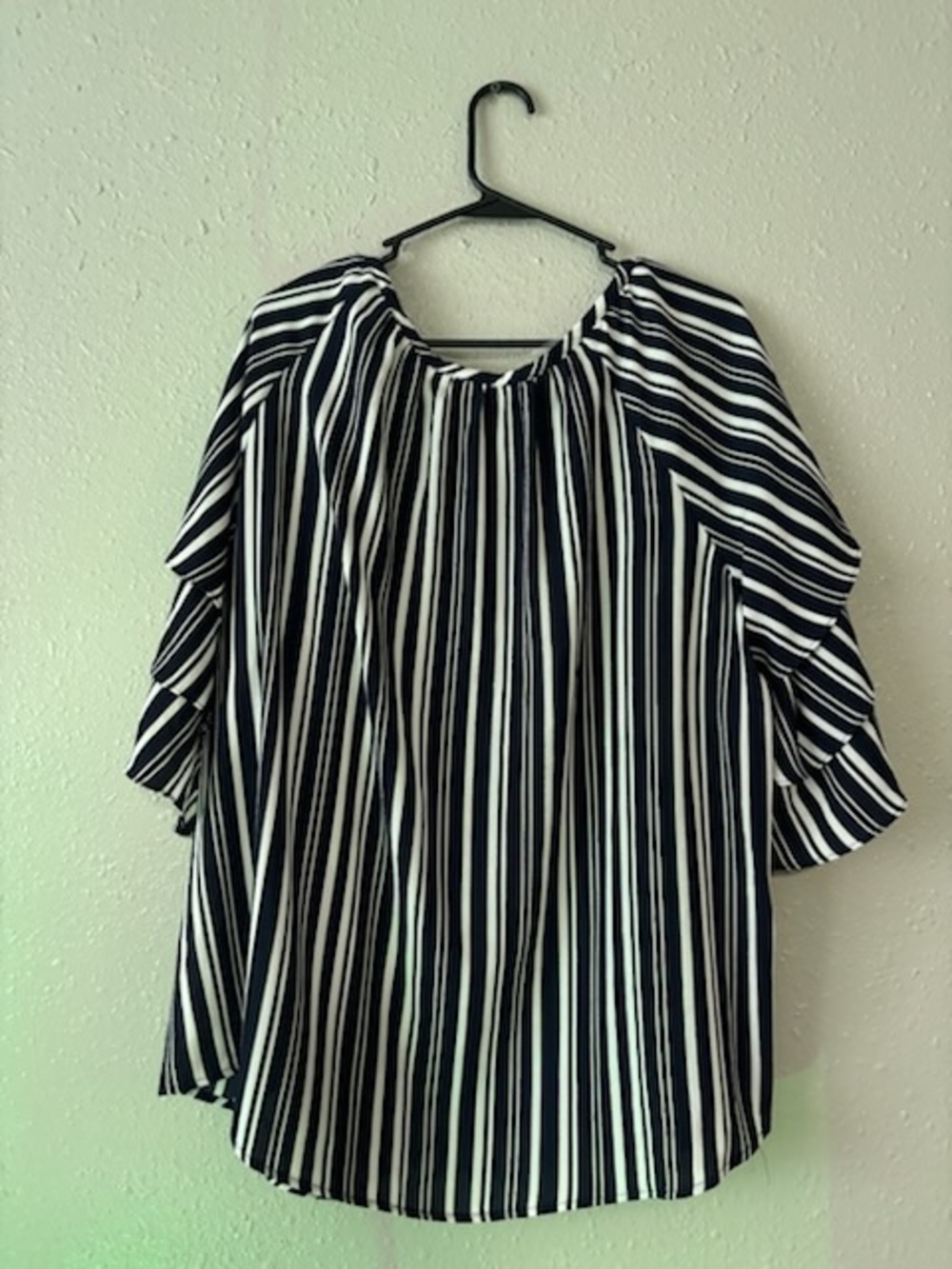 Women's Black and White Striped Blouse - Peasant Sleeve Top